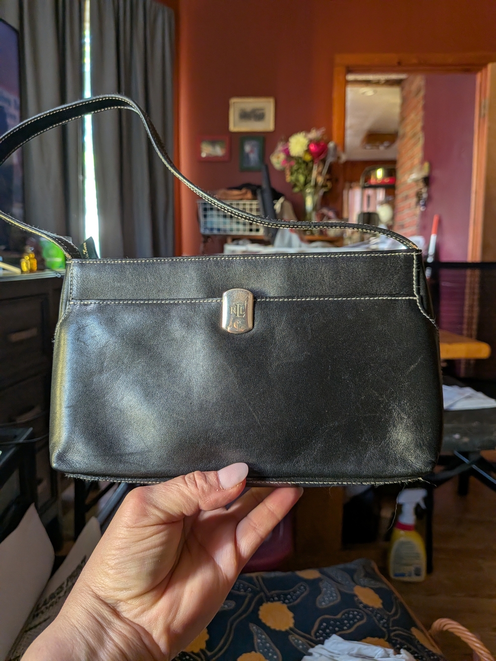 Ralph Lauren Black Leather Shoulder Bag with Silver Hardware